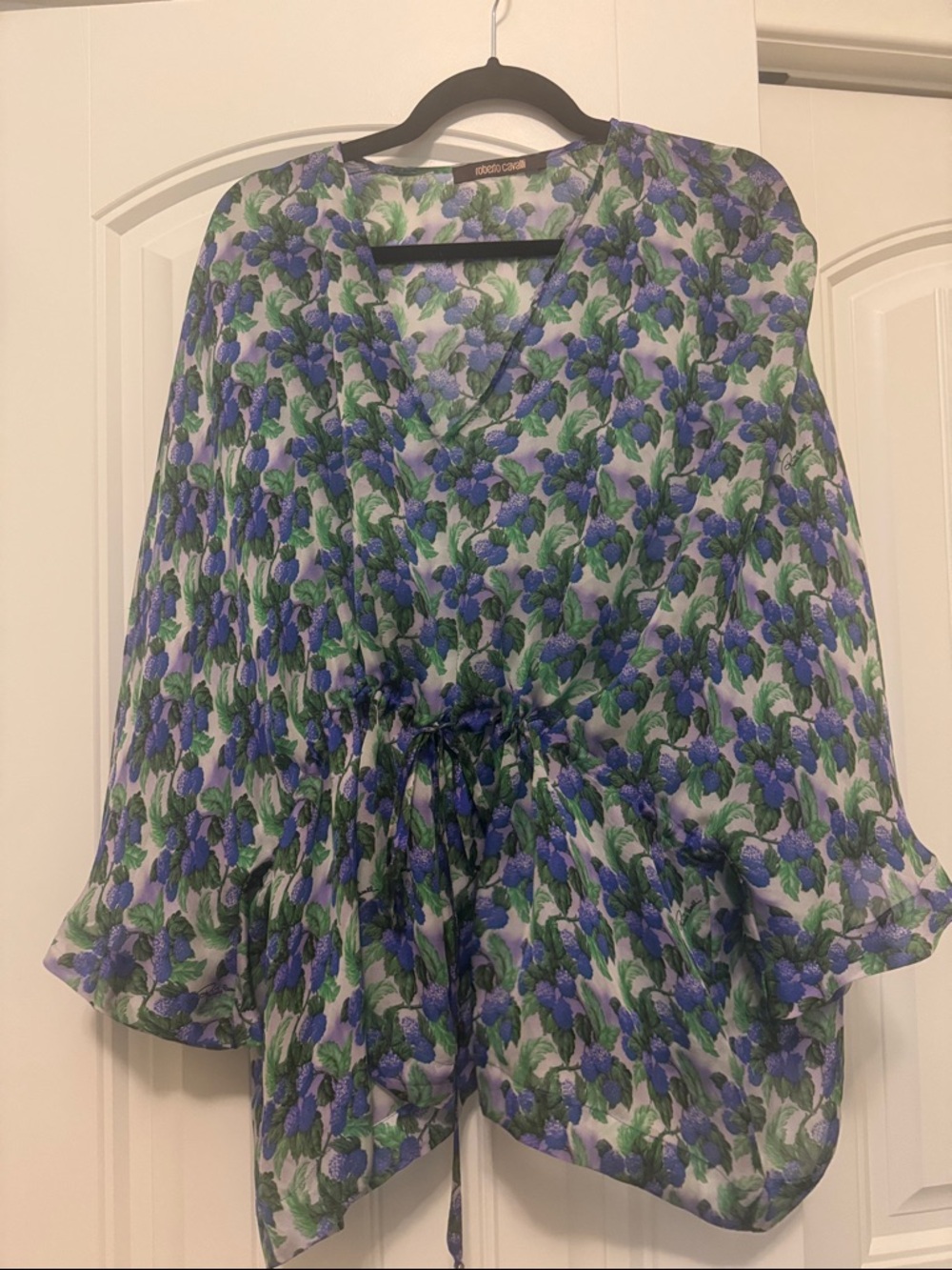 Roberto Cavalli Blue and Green Floral Wrap Tunic with Drawstring